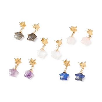 5 Pair 5 Style Natural Mixed Gemstone Star Dangle Stud Earrings, 304 Stainless Steel Wire Wrap Jewelry for Women, Golden, 35mm, Pin: 0.6mm, 1 Pair/style