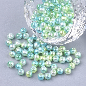 Rainbow ABS Plastic Imitation Pearl Beads, Gradient Mermaid Pearl Beads, Round, Green Yellow, 9.5~10x9mm, Hole: 1.6mm, about 1000pcs/500g
