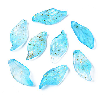 Frosted Transparent Spray Painted Glass Pendants, with Glitter Powder, Leaf, Light Sky Blue, 30x14x3.5mm, Hole: 1mm