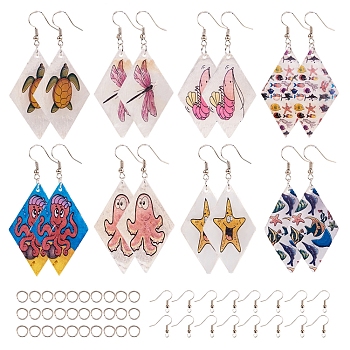 DIY Earring Making, Printed Capiz Shell Pendants, Single-Sided Printed, with Brass Earring Hooks, Mixed Color, 7.4x7.2x1.7cm