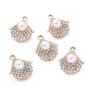 Alloy Rhinestone Pendants, with ABS Plastic Imitation Pearl Beads, Fan Charm, Light Gold, 19.5x16x7.5mm, Hole: 2mm(ALRI-C008-73LG)
