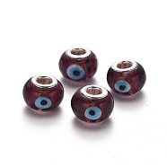Handmade Evil Eye Lampwork European Beads, Large Hole Beads, with Platinum Color Core Brass Double Cores, Rondelle, Coconut Brown, 14~15x9~10mm, Hole: 5mm(LPDL-N001-003-C09)