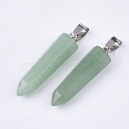 Natural Green Aventurine Point Pendants, with Platinum Tone Brass Findings, Bullet, 35~37x10~11x9~10mm, Hole: 6~7x2.5~4mm(G-R220-34M)