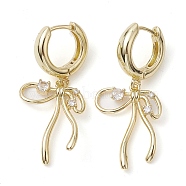 Bowknot Brass Dangle Hoop Earrings, with Clear Cubic Zirconia, Long-Lasting Plated, Lead Free & Cadmium Free, Real 18K Gold Plated, 38.5x17.5mm(EJEW-M245-09G)