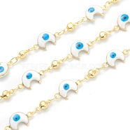 Golden Brass Link Chain, with Enamel Moon Shape Evil Eye Charms, Long-Lasting Plated, with Spool, Soldered, White, Link: 13.5x7x3mm and 8x3.5x3mm, 32.8 Feet(10m)/roll(CHC-H103-18A-G)
