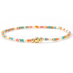 Bohemian Style Brass & Glass Seed Bead Stretch Bracelets for Women, Round, 6.50 inch(16.5cm)~6.89 inch(17.5cm)(AC5136-4)