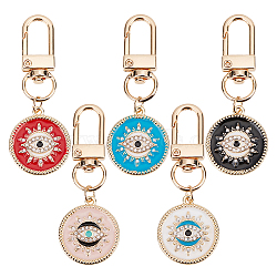 5Pcs 5 Style Flat Round with Evil Eye Alloy Enamel Pendant Decorations, with Crystal Rhinestone & Light Gold Tone Iron Swivel Clasp, Mixed Color, 61mm, 1pc/color(KEYC-AR0001-17)