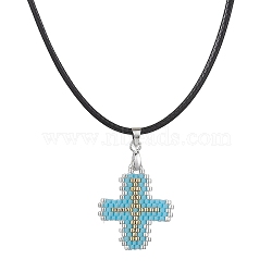 Glass Seed Cross Pendant Necklaces, with Nylon Cords, Sky Blue, 19.49 inch(49.5cm)(NJEW-MZ00025-02)