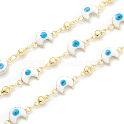 Golden Brass Link Chain, with Enamel Moon Shape Evil Eye Charms, Long-Lasting Plated, with Spool, Soldered, White, Link: 13.5x7x3mm and 8x3.5x3mm, 32.8 Feet(10m)/roll(CHC-H103-18A-G)
