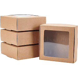 Paper Candy Boxes, Bakery Box, with PVC Clear Window, for Party, Wedding, Baby Shower, Square, Tan, 9.5x9.5x3.5cm(CON-BC0006-59C)
