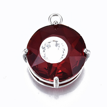 Transparent Faceted Glass Pendants, with Brass Prong Settings, Flat Round with Eye, Platinum, Red, 19x16x10mm, Hole: 1.8mm