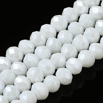 Electroplate Glass Beads Strands, Pearl Luster Plated, Faceted, Rondelle, White, 6x5mm, Hole: 1mm, about 85~88pcs/strand, 16.1~16.5 inch(41~42cm)