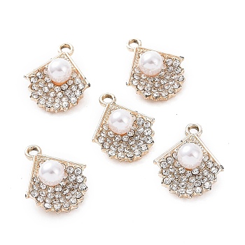 Alloy Rhinestone Pendants, with ABS Plastic Imitation Pearl Beads, Fan Charm, Light Gold, 19.5x16x7.5mm, Hole: 2mm