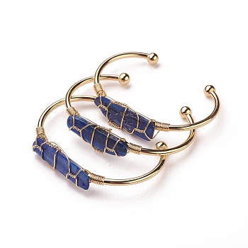 Long-Lasting Plated Brass Cuff Bangles, with Natural Kyanite/Cyanite/Disthene, Nuggets, Golden, 1-3/8 inchx2-3/8 inch(3.8x6cm), 2.8mm