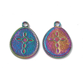 Ion Plating(IP) 304 Stainless Steel Pendants, Teardrop with Cross Pattern Charms, Rainbow Color, 23x17x1.5mm, Hole: 2.2mm