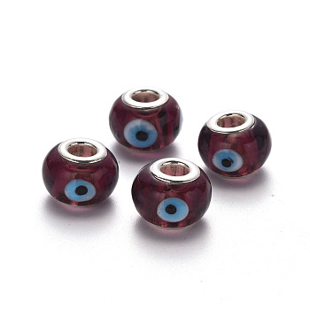 Handmade Evil Eye Lampwork European Beads, Large Hole Beads, with Platinum Color Core Brass Double Cores, Rondelle, Coconut Brown, 14~15x9~10mm, Hole: 5mm