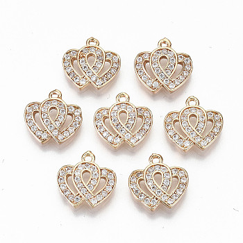 Brass Micro Pave Cubic Zirconia Charms, Light Gold, Long-Lasting Plated, Cadmium Free & Lead Free, Heart, Clear, 12x12x2mm, Hole: 1mm