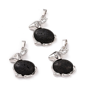 Natural Lava Rock Bunny Pendants, with Brass Findings, Rabbit, Platinum, 28x23x7mm, Hole: 5x7mm