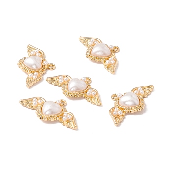 Rack Plating Alloy Pendants, with Plastic Imitation Pearl, Wing with Heart, Light Gold, 20x35x5.5mm, Hole: 2mm