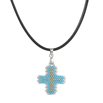 Glass Seed Cross Pendant Necklaces, with Nylon Cords, Sky Blue, 19.49 inch(49.5cm)