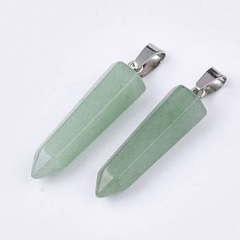 Natural Green Aventurine Point Pendants, with Platinum Tone Brass Findings, Bullet, 35~37x10~11x9~10mm, Hole: 6~7x2.5~4mm