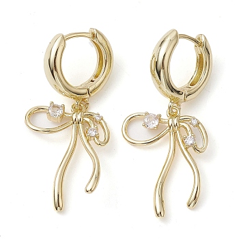 Bowknot Brass Dangle Hoop Earrings, with Clear Cubic Zirconia, Long-Lasting Plated, Lead Free & Cadmium Free, Real 18K Gold Plated, 38.5x17.5mm