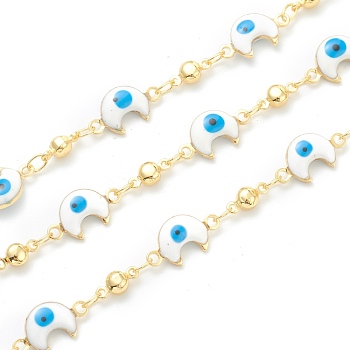 Golden Brass Link Chain, with Enamel Moon Shape Evil Eye Charms, Long-Lasting Plated, with Spool, Soldered, White, Link: 13.5x7x3mm and 8x3.5x3mm, 32.8 Feet(10m)/roll