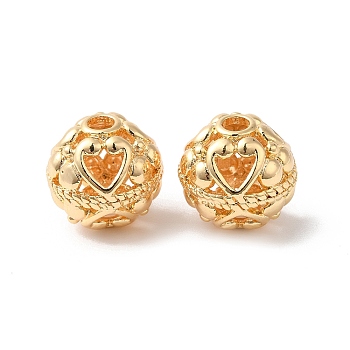 Hollow Brass Beads, Round with Heart, Real 18K Gold Plated, 14x13.5mm, Hole: 3mm