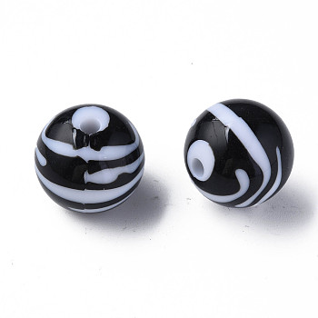 Opaque Striped Acrylic Beads, Round, Black, 19mm, Hole: 3mm, about 112pcs/500g