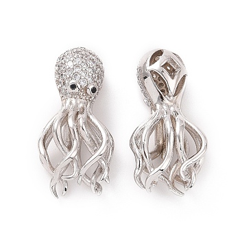 Eco-friendly Rack Plating Brass Micro Pave Cubic Zirconia Beads, Cadmium Free & Lead Free, Long-Lasting Plated, Octopus, Platinum, 24.5x12x8mm, Hole: 1.2mm
