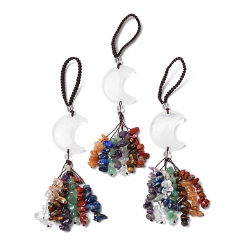 Moon Natural Quartz Crystal Pendant Decorations, Nylon Cord and Gemstone Chip Tassel Hanging Ornaments, 150~155mm