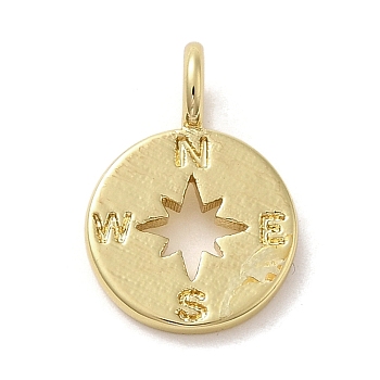 Brass Pendants, Flat Round with Compass, Real 14K Gold Plated, 17x12x1.5mm, Hole: 3.2mm