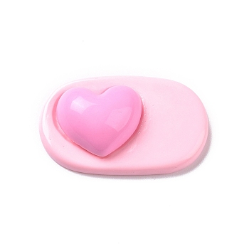 Cute Opaque Resin Cabochons, Oval with Heart, Pink, 22.5x37x10mm