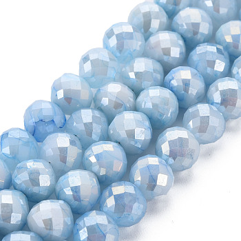 Opaque Baking Painted Crackle Glass Beads Strands, Faceted, AB Color Plated, Teardrop, Light Sky Blue, 8x7~8mm, Hole: 1.2mm, about 60pcs/strand, 18.11 inches(46cm)