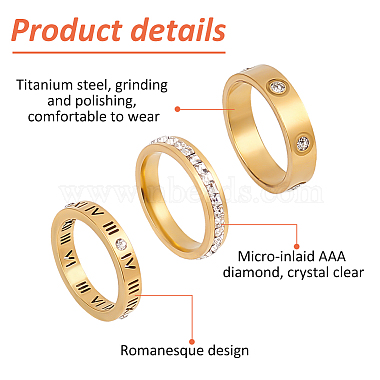 6Pcs 6 Style 201 Stainless Steel Hollow Roman Numerals Finger Ring Set with Rhinestone(RJEW-AN0001-21)-3