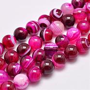 Natural Striped Agate/Banded Agate Bead Strands, Dyed & Heated, Round, Grade A, Deep Pink, 14mm, Hole: 2mm, about 28pcs/strand, 14.9 inch(380mm)(G-G962-14mm-01)
