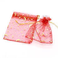 Hot Stamping Rectangle Organza Drawstring Gift Bags, Storage Bags with Moon and Star Print, Red, 9x7cm(WG15067-05)