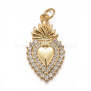 Rack Plating Brass Micro Pave Clear Cubic Zirconia Pendants, Cadmium Free & Nickel Free & Lead Free, Long-Lasting Plated, with Jump Ring, Sacred Heart, Real 18K Gold Plated, 25.5x14.5x3mm, Jump Ring: 5x0.5mm, Inner Diameter: 3.5mm(X-KK-M229-38G)