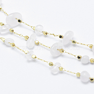 Handmade Natural Rose Quartz Beaded Chains, Soldered, with Spool, Brass Chains and Brass Beads, Long-Lasting Plated, Real 18K Gold Plated, 4~14x4~11x2~7mm, Brass Beads: about 2x2x2mm, about 32.8 Feet(10m)/roll(CHC-I026-D-03G)