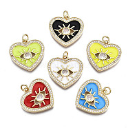 Brass Micro Pave Clear Cubic Zirconia Pendants, with Enamel, Nickel Free, Real 16K Gold Plated, Heart with Eye & Jump Rings, Mixed Color, 20.5x21x3mm, Jump Ring: 5x1mm, Inner Diameter: 3mm(KK-Q769-005-NF)