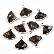 Fan Assembled Synthetic Bronzite and Regalite/Imperial Jasper Pendants, with Iron Loop and Brass Edge, Light Gold, Dyed, Medium Sea Green, 18~21x18~20.5x5~6mm, Hole: 2mm(G-N330-023-D03)