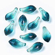 Transparent Spray Painted Glass Pendants, with Gold Foil, Petal, Medium Turquoise, 22~23x11x6mm, Hole: 1.2mm(GLAA-N042-001A-E05)