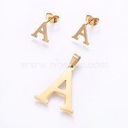 304 Stainless Steel Pendants and Stud Earrings Jewelry Sets, Alphabet, Letter.A, 20~23x13~19x1.5mm, Hole: 6x3mm, 6~10x6~9x1mm, Pin: 0.8mm(SJEW-P099-01G)
