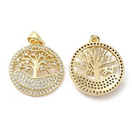 Rack Plating Brass Pendants, with Cubic Zirconia, Round with Tree, Real 16K Gold Plated, 23x20x4.5mm, Hole: 4x3.5mm(KK-R146-07G)