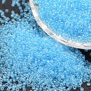 8/0 Glass Seed Beads, Grade A, Round, Transparent Colours Lustered, Deep Sky Blue, 2.8~3.2mm, Hole: 1.0mm, about 1500pcs/50g(X-SEED-J012-F8-103)