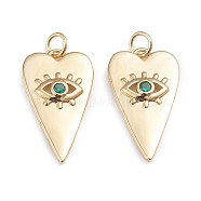Brass Micro Pave Cubic Zirconia Pendants, with Jump Rings, Long-Lasting Plated, Heart with Evil Eye, Real 18K Gold Plated, Green, 24.5x13.5x3mm, Jump Ring: 5x0.8mm, 3.2mm Inner Diameter(X-ZIRC-I042-01A)