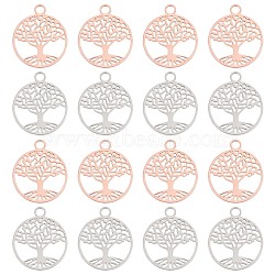 Brass Filigree Pendants, Flat Round with Tree of Life, Mixed Color, 23.5x20x0.5mm, Hole: 3mm, 2 colors, 20pcs/color, 40pcs/box(KK-OC0001-10)