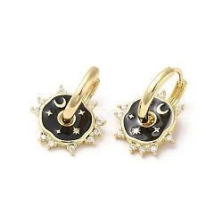 Sun & Moon Real 18K Gold Plated Brass Dangle Leverback Earrings, with Enamel and Cubic Zirconia, Black, 23x16mm(EJEW-L268-045G)