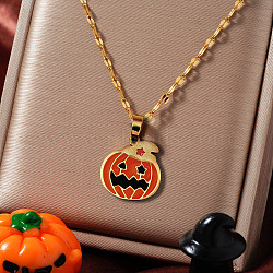 Halloween Witch Hat Pumpkin Stainless Steel Enamel Pendant Dapped Chain Necklaces, Creative Holiday Accessories, Golden, Orange, 15.75 inch(40cm)(DD5893)