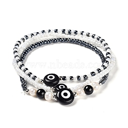 Stretch Bracelets Sets, Stackable Bracelets, with Natural Black Agate Beads, Evil Eye Handmade Lampwork Beads, Glass Seed Beads, Natural Pearl Beads and Brass Beads, Inner Diameter: 6cm, 3pcs/set(X-BJEW-JB05316-02)